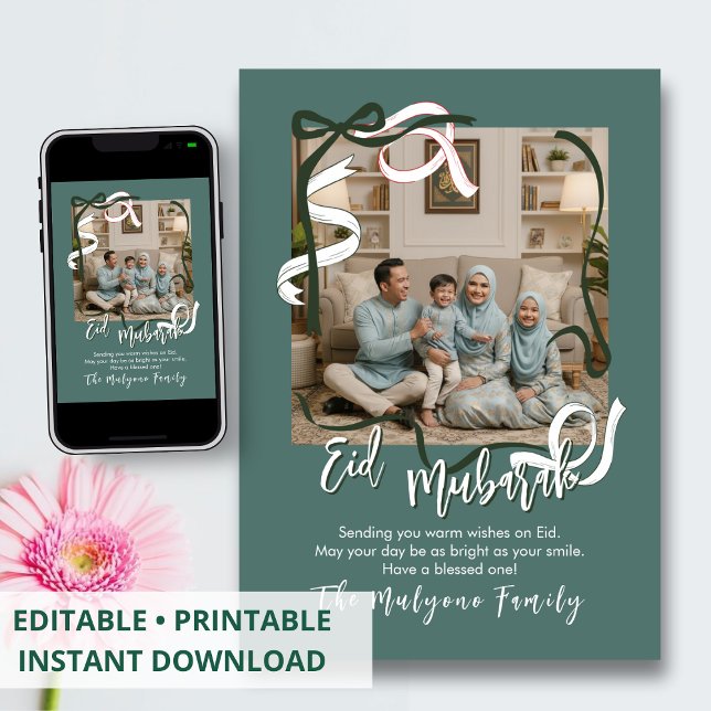 Tarjeta Festiva Sage Green Modern Ribbon Family Photo Eid Mubarak (Subido por el creador)
