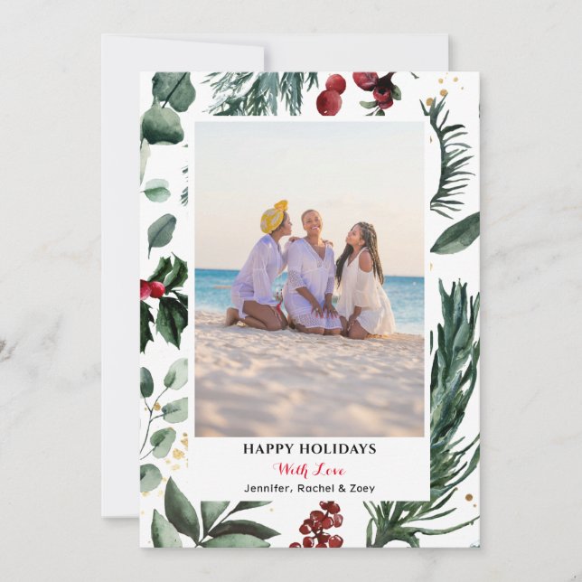 Tarjeta Festiva Sage Green Pine Bough Red Berry Merry Christmas (Anverso)