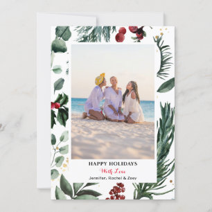 Tarjeta Festiva Sage Green Pine Bough Red Berry Merry Christmas