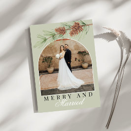 Tarjeta Festiva Sage Green Pine Merry & Married Photo Christmas