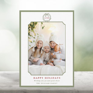 Tarjeta Festiva Sage Green & Red Minimal Happy Holidays Photo