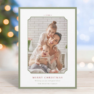 Tarjeta Festiva Sage Green & Red Minimal Merry Christmas Photo
