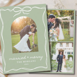 Tarjeta Festiva Sage Green Rustic Casado y Merry 4 Photo Boda