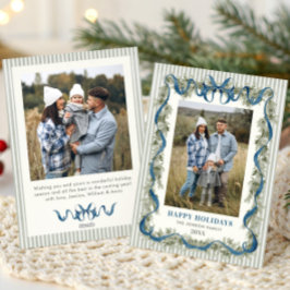 Tarjeta Festiva Sage Green Stripped Blue Bow Christmas 2 Photo