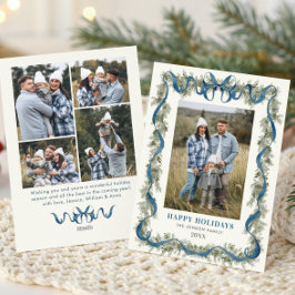 Tarjeta Festiva Sage Green Stripped Blue Bow Christmas 5 Photo