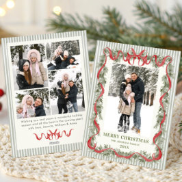 Tarjeta Festiva Sage Green Stripped Red Bow Christmas 5 Photo