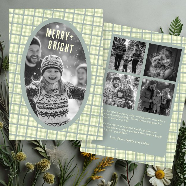 Tarjeta Festiva Sage Plaid Gingham Christmas Custom Photo Collage (Sage Plaid Gingham Christmas Custom 5 Photo Collage Holiday Card
)