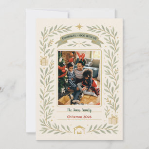 Tarjeta Festiva Sage Verde Oro Botánico Emmanuel Dios Con Nosotros