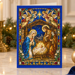 Tarjeta Festiva Sagrada Familia del Nacimiento en Vidrio Emplomado