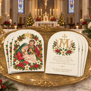 Tarjeta Festiva Sagrada Familia Monograma Floral Mariano