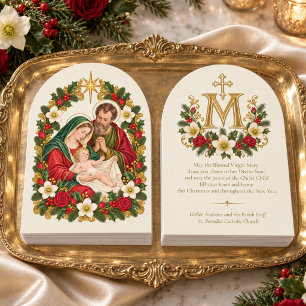 Tarjeta Festiva Sagrada Familia Monograma Floral Mariano
