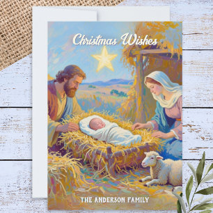 Tarjeta Festiva Sagrada Familia Niño en el Pesebre Arte de la Nati