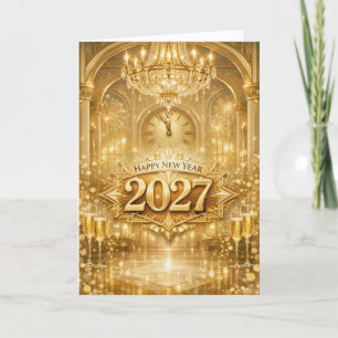 Tarjeta Festiva Sala de Baile Opulenta Dorada Feliz Año Nuevo 2027