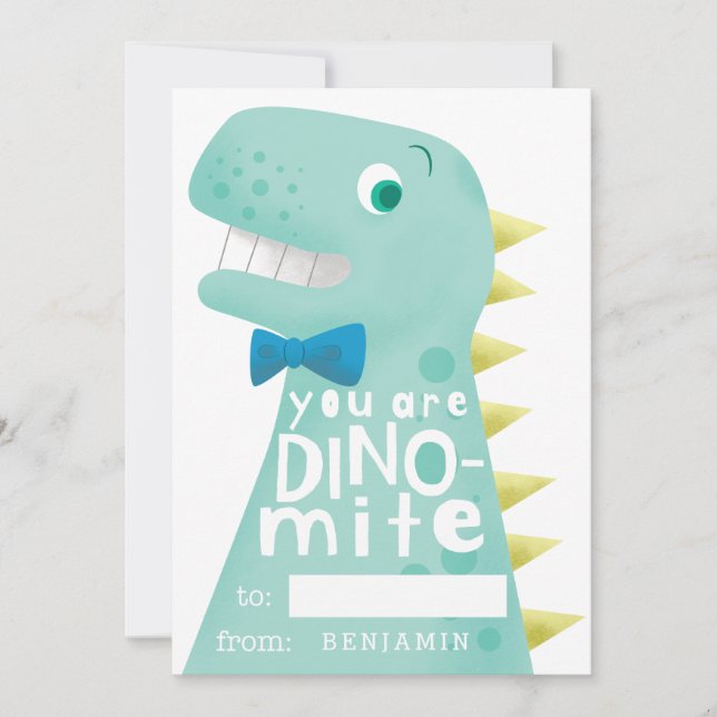 Tarjeta Festiva Sala de clases Valentine Dinosaur Dino-mite (Anverso)