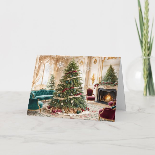 Tarjeta Festiva Sala de estar de Navidades decorados de época (Anverso)