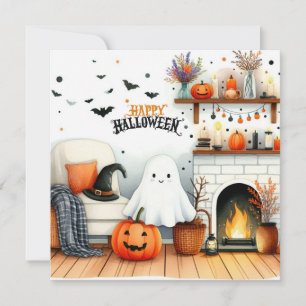 Tarjeta Festiva Sala de estar feliz de Halloween con fantasma 