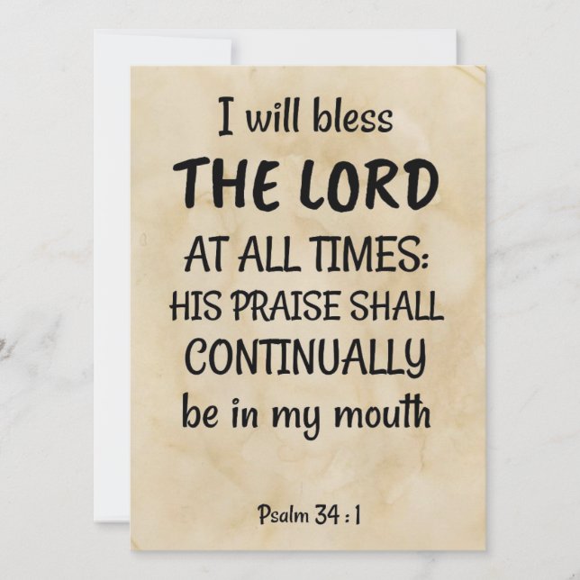 Tarjeta Festiva Salmo 34:1 (KJV) en un fondo de desplazamiento bíb (Anverso)