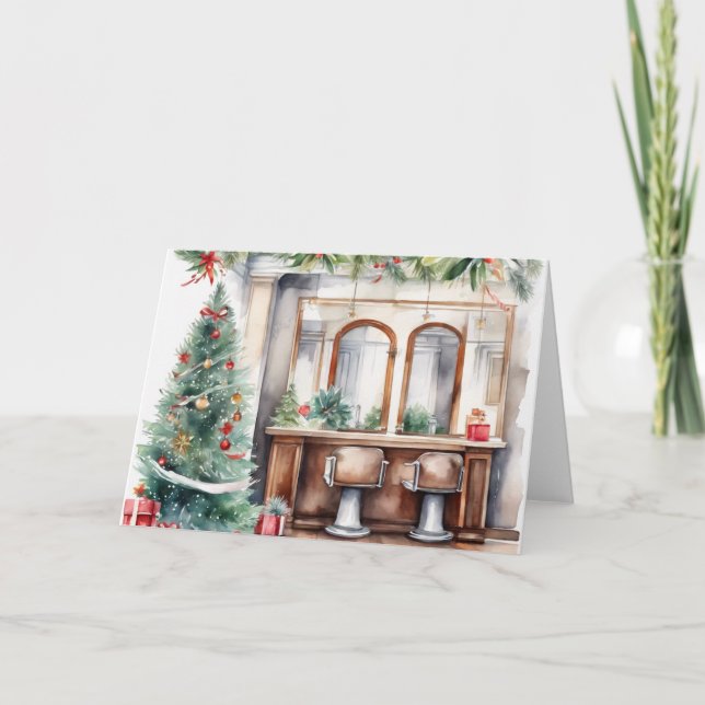 Tarjeta Festiva Salón de pelo navideño con acuarela personalizada (Anverso)
