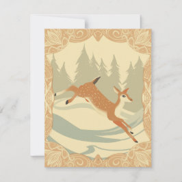 Tarjeta Festiva Saltando ciervos en una escena de bosques nevados