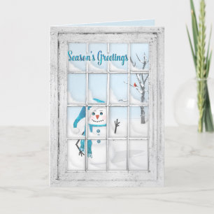 TARJETA FESTIVA SALUD DE TEMPORADA - SNOWMAN A TRAVÉS DE PANELES D