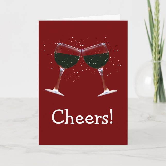Tarjeta Festiva Salud! Felices Fiestas Vinos Gafas de Vino y Nieve (Anverso)