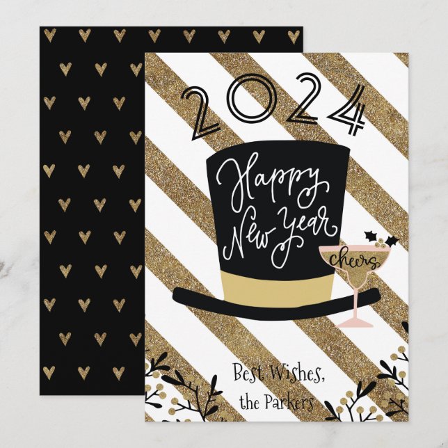 Tarjeta Festiva Salud | Festividad de la banda de oro Feliz Año Nu (Anverso / Reverso)