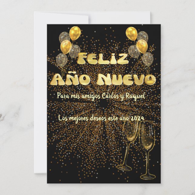 Tarjeta Festiva Saludo Año Nuevo en dorado elegante (Anverso)