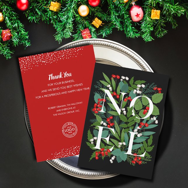 Tarjeta Festiva Saludo comercial de NOEL Greenery (NOEL greenery business greeting holiday cards with your message and logo on the back)
