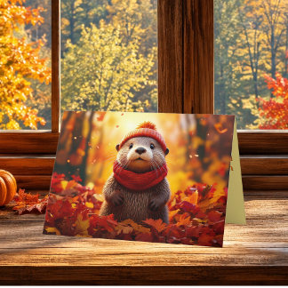 Tarjeta Festiva Saludo de Acción de Gracias del Cozy Autumn Otter