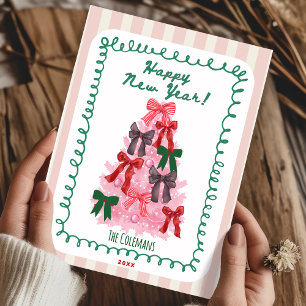 Tarjeta Festiva Saludo de árbol de año nuevo rosa verde dibujado a