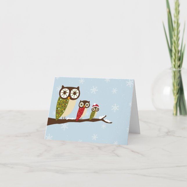 Tarjeta Festiva saludo de búhos de invierno (Anverso)