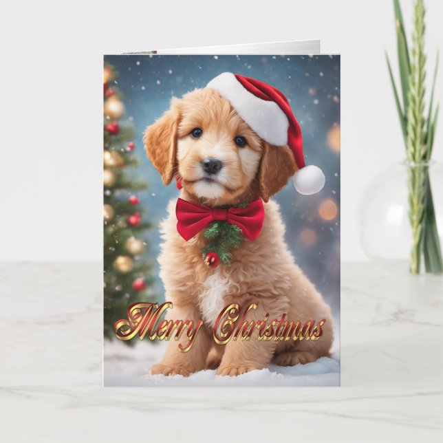 Tarjeta Festiva Saludo de cachorro de los Navidades Golden Doodle (Anverso)