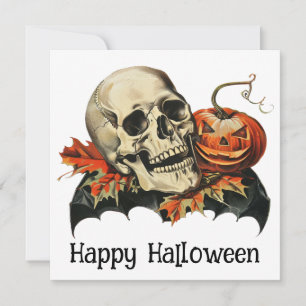 Tarjeta Festiva Saludo de calavera y calabaza espeluznante vintage