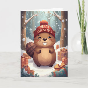 Tarjeta Festiva Saludo de castor navideño