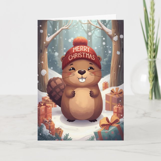 Tarjeta Festiva Saludo de castor navideño (Anverso)