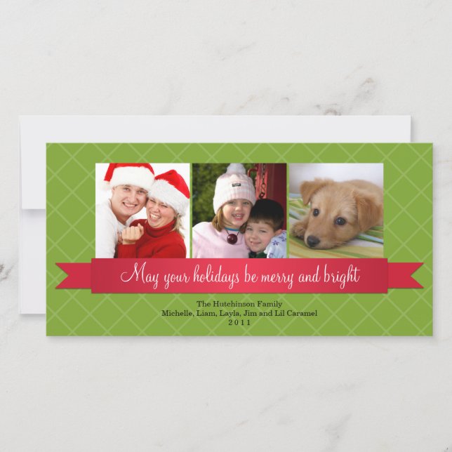 Tarjeta Festiva Saludo de celosía verde de la cinta de satén roja  (Anverso)