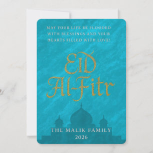 Tarjeta Festiva Saludo de Eid Al-Fitr con guión verde azulado y do