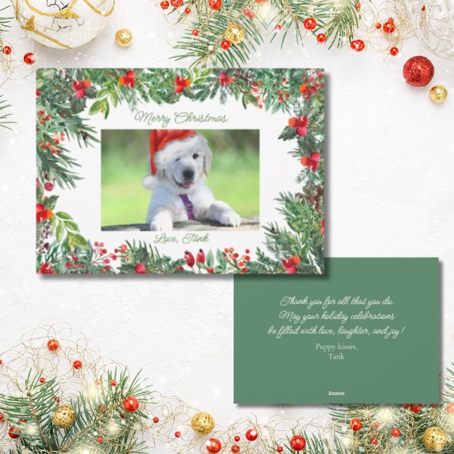 Tarjeta Festiva Saludo de feriado de Navidades de fotografía masco (A cute customizable pet photo card to send to loved ones, your favorite veterinarian, or pet sitter.)