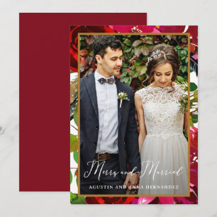 Tarjeta Festiva Saludo de feriado floral de amarre y rojo casado