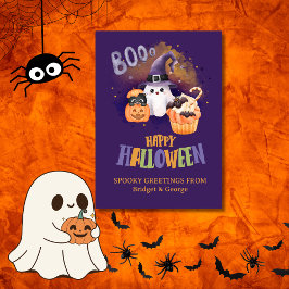 Tarjeta Festiva Saludo de Halloween con fantasma y calabaza morado