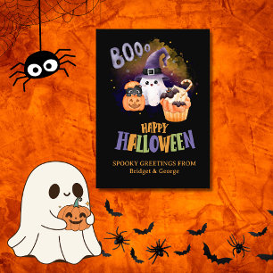 Tarjeta Festiva Saludo de Halloween de Fantasma Negro Místico y Ca
