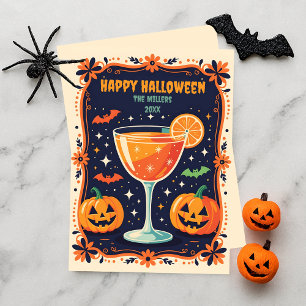Tarjeta Festiva Saludo de Halloween Retro Navy Cocktail Feliz