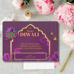 Tarjeta Festiva Saludo de la lámpara de pavo real Diwali Purple Go