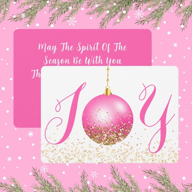 Tarjeta Festiva Saludo de los Navidades de Alegría de Ornamento Ro (Joy In Hot Pink and Gold Look Glitter Christmas Holiday Card)