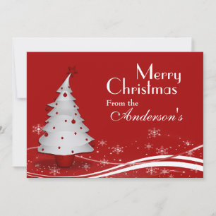 Tarjeta Festiva Saludo de los Navidades de fondo rojo y árbol blan