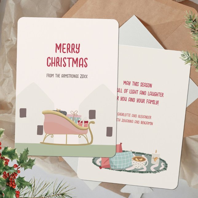 Tarjeta Festiva Saludo de los Navidades modernos de Rubor Sledge (Merry Christmas Minimalist Blush Sledge Modern Holiday Card ©Susanne Sachers - Sunny Mind 🌞)