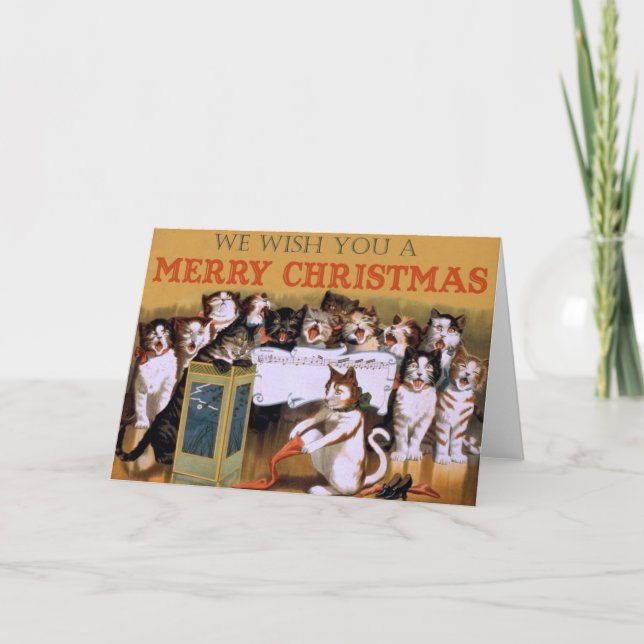 Tarjeta Festiva Saludo de Navidades de gatos de época (Anverso)