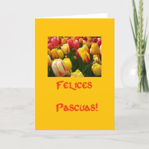 Tarjeta Festiva saludo de Pascua amarillo de tulipanes mixtos en e
