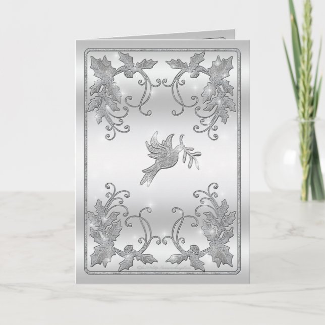 Tarjeta Festiva Saludo de plata del acebo y de la paloma (Anverso)