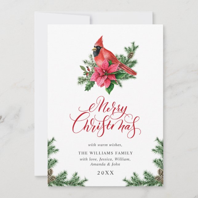 Tarjeta Festiva Saludo del Cardenal Rojo de Poinsettia Navidades (Anverso)